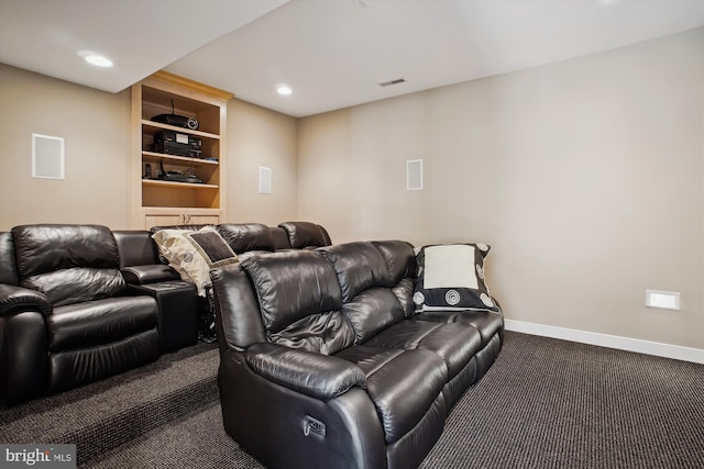 home theater room with recessed lighting, visible vents, carpet flooring, and baseboards