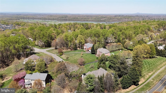 drone / aerial view with a wooded view and a water view