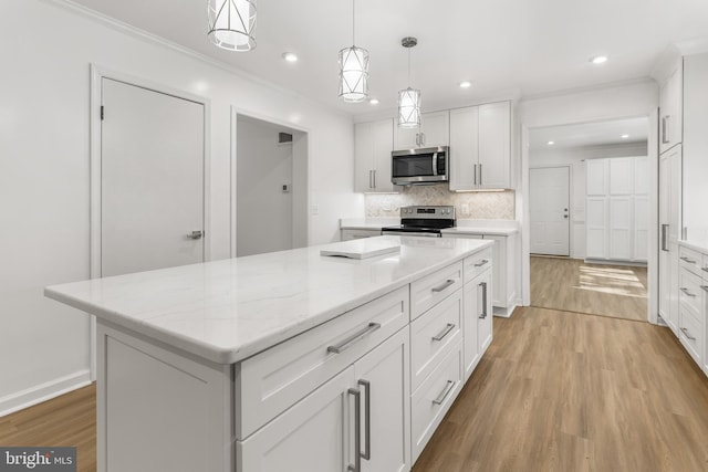 5235 Chalk Point Rd, West River, MD 20778 - kitchen with appliances with stainless steel finishes, light wood-style flooring, tasteful backsplash, white cabinets, and recessed lighting