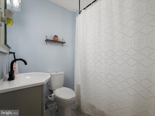 full bathroom featuring toilet, vanity, and a shower with curtain