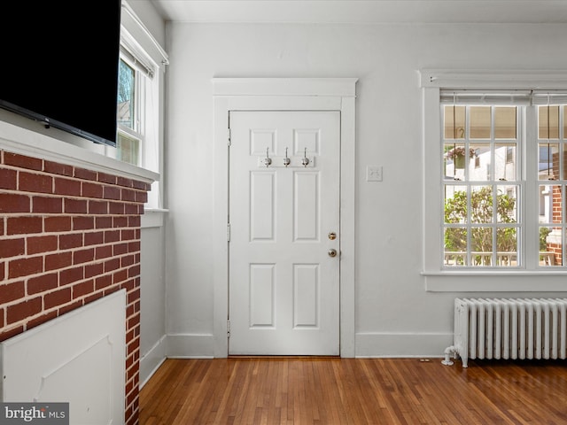 foyer featuring radiator heating unit, plenty of natural light, baseboards, and hardwood / wood-style floors