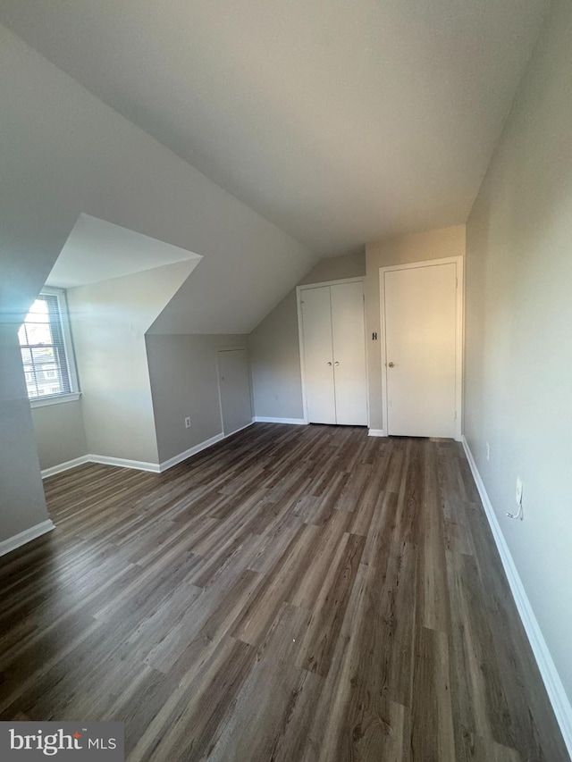 additional living space featuring dark wood-type flooring, baseboards, and lofted ceiling