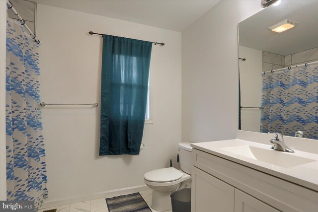 20 Steeple Chase Dr, York Haven, PA 17370 - full bath featuring vanity, curtained shower, toilet, marble finish floor, and baseboards