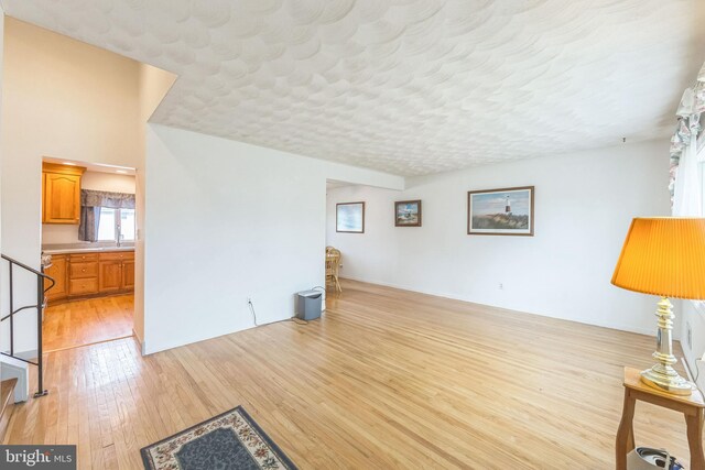 unfurnished living room featuring a sink and light wood-type flooring