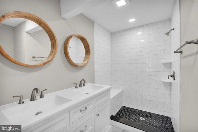 905 Cooper, Edgewater Park, NJ 08010 - bathroom with recessed lighting, double vanity, tiled shower, and a sink