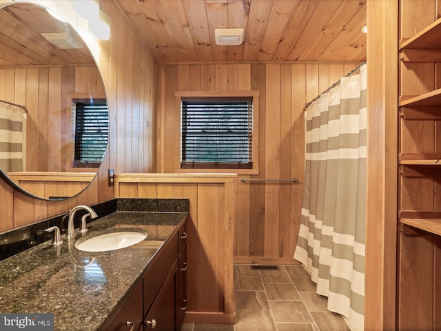2201 Mill Gap Rd, Lost City, WV 26810 - bathroom featuring tile patterned floors, wooden ceiling, wooden walls, and vanity