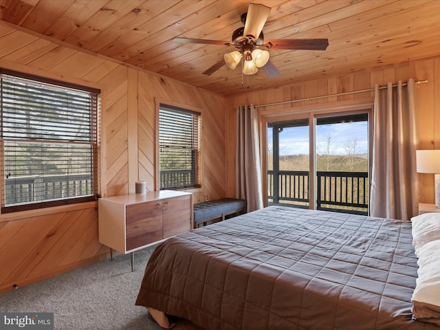 2201 Mill Gap Rd, Lost City, WV 26810 - bedroom with carpet flooring, access to outside, ceiling fan, wood ceiling, and wooden walls