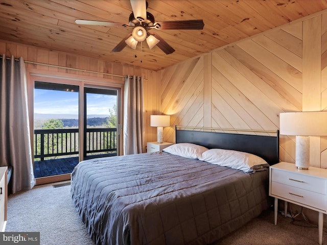 2201 Mill Gap Rd, Lost City, WV 26810 - carpeted bedroom featuring wooden walls, access to exterior, a ceiling fan, and wooden ceiling