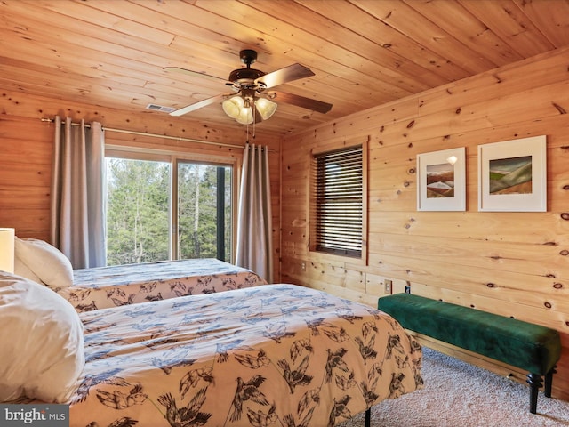 2201 Mill Gap Rd, Lost City, WV 26810 - carpeted bedroom featuring wood ceiling, a ceiling fan, and wooden walls