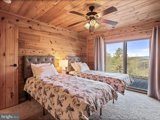 2201 Mill Gap Rd, Lost City, WV 26810 - bedroom featuring wood ceiling, carpet floors, wood walls, access to outside, and visible vents
