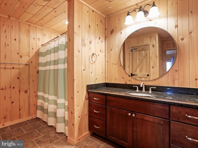 2201 Mill Gap Rd, Lost City, WV 26810 - full bath featuring tile patterned flooring, wooden ceiling, vanity, and wooden walls