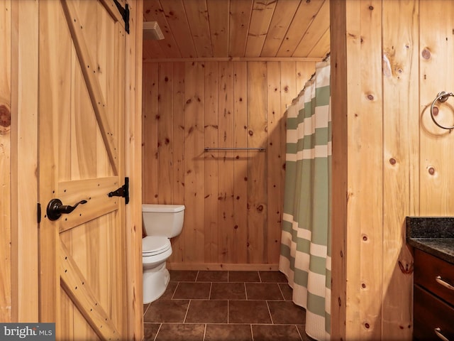 2201 Mill Gap Rd, Lost City, WV 26810 - bathroom with wooden walls, toilet, wooden ceiling, and tile patterned floors