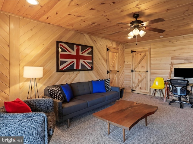 2201 Mill Gap Rd, Lost City, WV 26810 - living room with wooden walls, carpet, a ceiling fan, and wooden ceiling