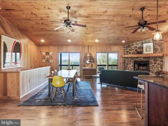 2201 Mill Gap Rd, Lost City, WV 26810 - dining area featuring a ceiling fan, wooden ceiling, vaulted ceiling, and dark wood finished floors