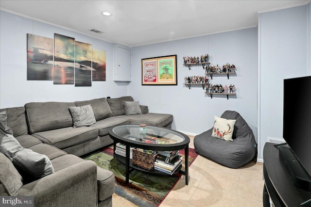 living area with ornamental molding, visible vents, and recessed lighting