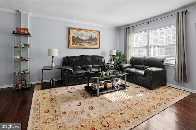 living room with baseboards, crown molding, and hardwood / wood-style flooring