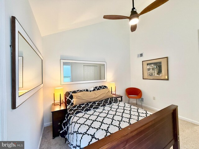 477 Wampum Ln, Hedgesville, WV 25427 - bedroom featuring ceiling fan, visible vents, carpet floors, baseboards, and high vaulted ceiling