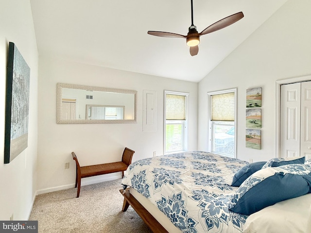 477 Wampum Ln, Hedgesville, WV 25427 - carpeted bedroom with baseboards, ceiling fan, and high vaulted ceiling