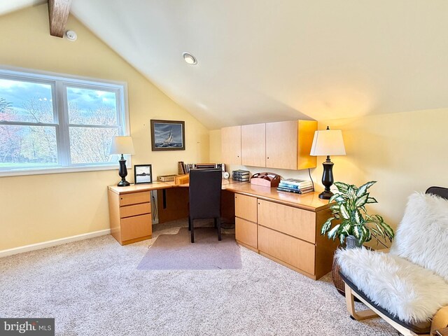 477 Wampum Ln, Hedgesville, WV 25427 - home office featuring baseboards, lofted ceiling with beams, and light colored carpet
