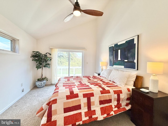 477 Wampum Ln, Hedgesville, WV 25427 - carpeted bedroom with ceiling fan, access to exterior, baseboards, and lofted ceiling