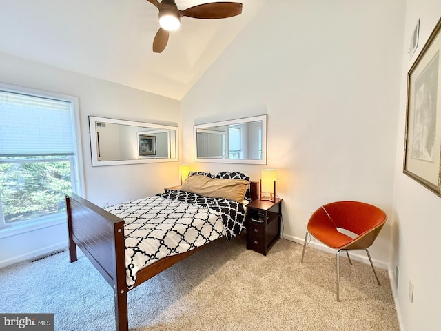 477 Wampum Ln, Hedgesville, WV 25427 - bedroom featuring a ceiling fan, visible vents, baseboards, high vaulted ceiling, and light carpet