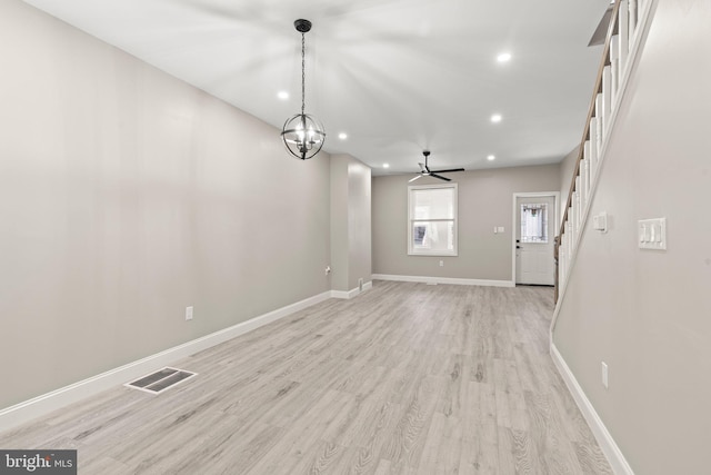 unfurnished dining area featuring recessed lighting, visible vents, light wood-type flooring, and baseboards