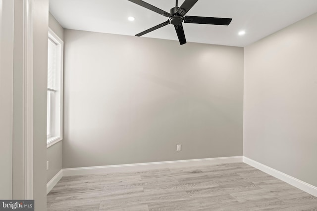 unfurnished room featuring recessed lighting, light wood finished floors, and a ceiling fan