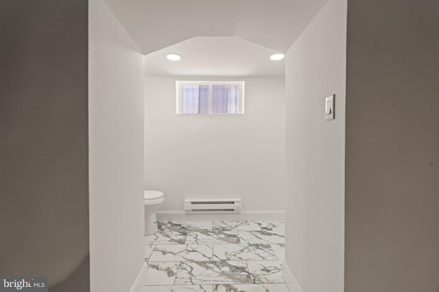 bathroom featuring recessed lighting, baseboard heating, marble finish floor, and toilet