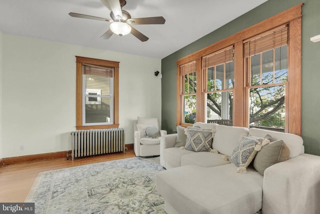 living area with baseboards, radiator, ceiling fan, and wood finished floors