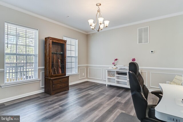 13301 Windjammer Ct, Hughesville, MD 20637 - office area with visible vents, a chandelier, ornamental molding, and a healthy amount of sunlight