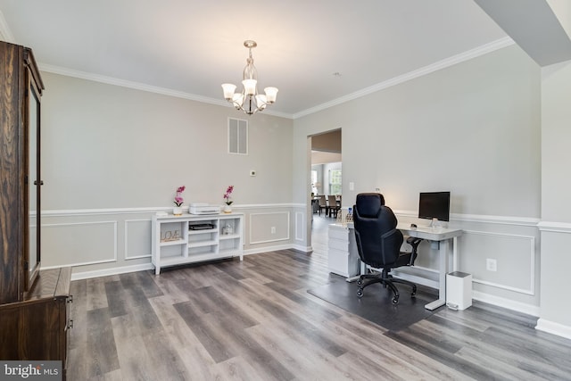 13301 Windjammer Ct, Hughesville, MD 20637 - office with a chandelier, wood finished floors, visible vents, and ornamental molding