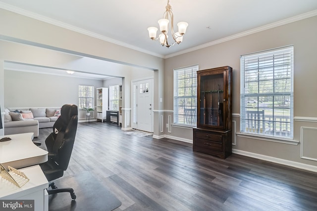 13301 Windjammer Ct, Hughesville, MD 20637 - home office featuring baseboards, an inviting chandelier, dark wood-type flooring, and crown molding
