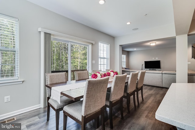 13301 Windjammer Ct, Hughesville, MD 20637 - dining area with recessed lighting, visible vents, baseboards, and dark wood-style flooring