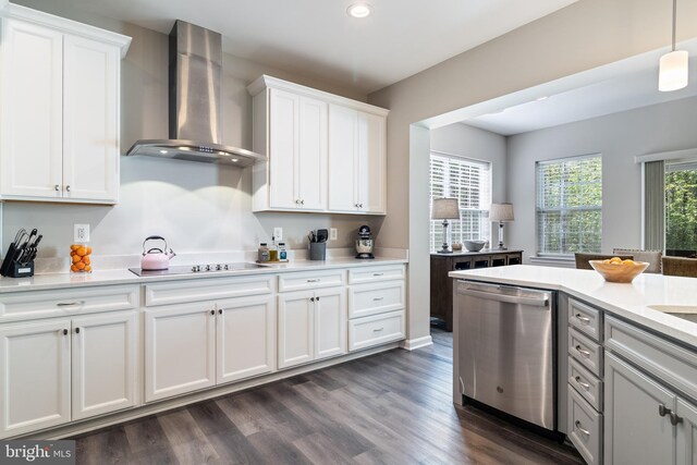 13301 Windjammer Ct, Hughesville, MD 20637 - kitchen with light countertops, black electric cooktop, dishwasher, and wall chimney exhaust hood