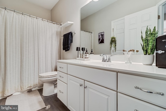 13301 Windjammer Ct, Hughesville, MD 20637 - full bathroom featuring wood finished floors, curtained shower, vanity, and toilet