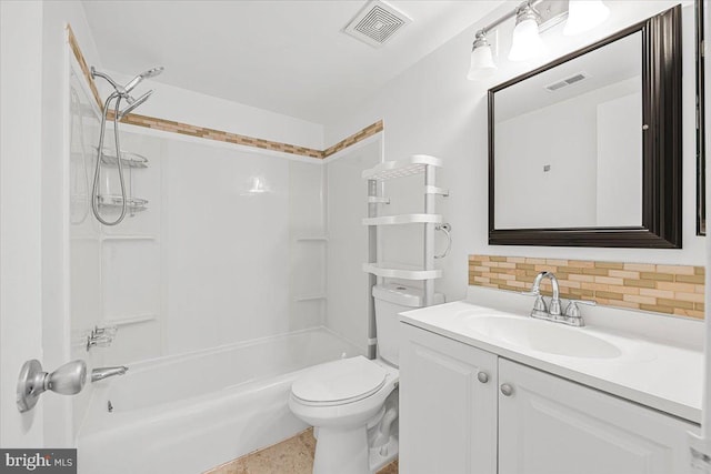 full bathroom with toilet, visible vents, decorative backsplash, and vanity
