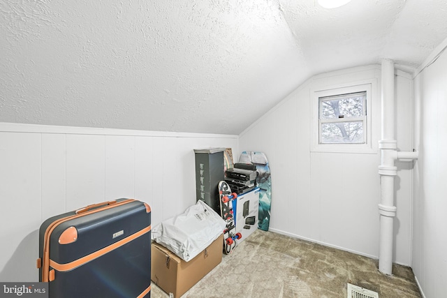 additional living space featuring visible vents, carpet flooring, vaulted ceiling, and a textured ceiling