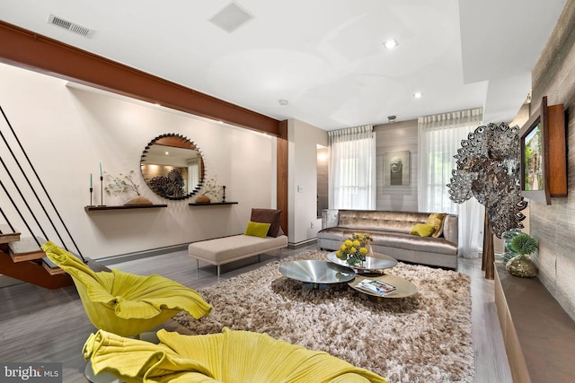 1227 S St NW, Washington, DC 20009 - living area with visible vents, baseboards, recessed lighting, wood finished floors, and stairs