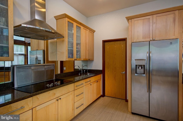 6525 76th St, Cabin John, MD 20818 - kitchen featuring stainless steel fridge, wall chimney exhaust hood, black electric stovetop, and dark stone countertops