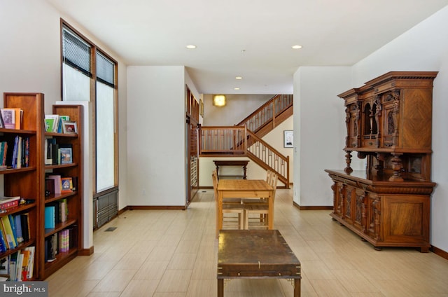 6525 76th St, Cabin John, MD 20818 - dining room featuring healthy amount of natural light, stairway, recessed lighting, wood finished floors, and baseboards