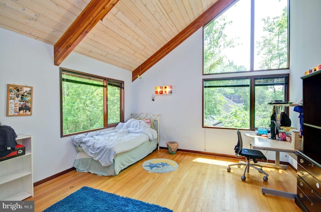 6525 76th St, Cabin John, MD 20818 - bedroom with a desk, baseboards, wood ceiling with exposed beams, wood finished floors, and high vaulted ceiling
