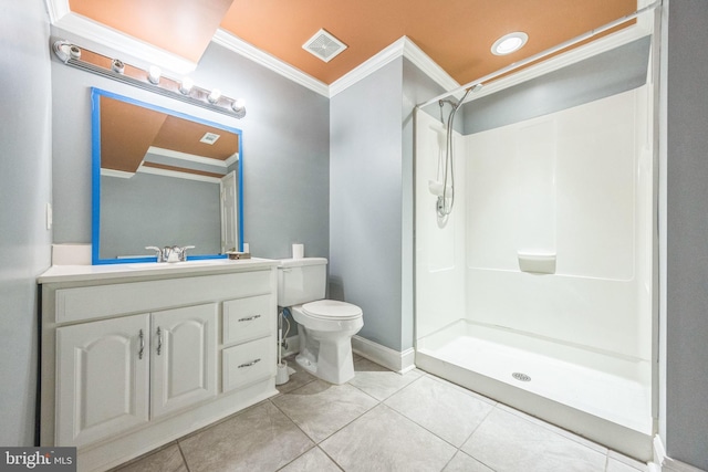 bathroom with visible vents, tile patterned flooring, a shower, and ornamental molding
