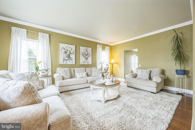 living room with dark wood-type flooring, a wealth of natural light, crown molding, and baseboards