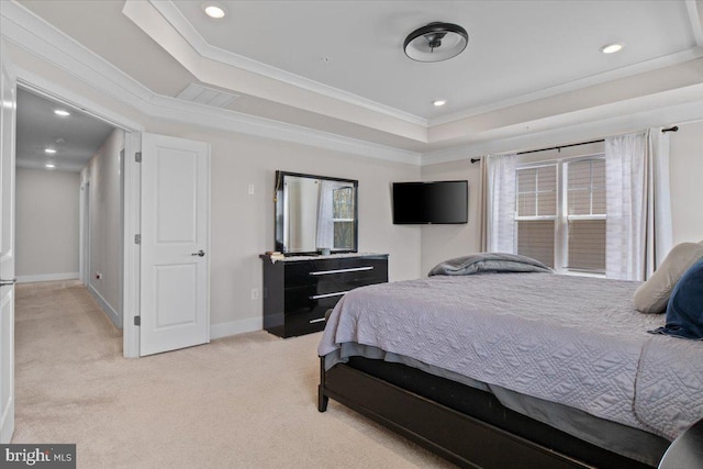 bedroom featuring baseboards, a raised ceiling, ornamental molding, recessed lighting, and light colored carpet