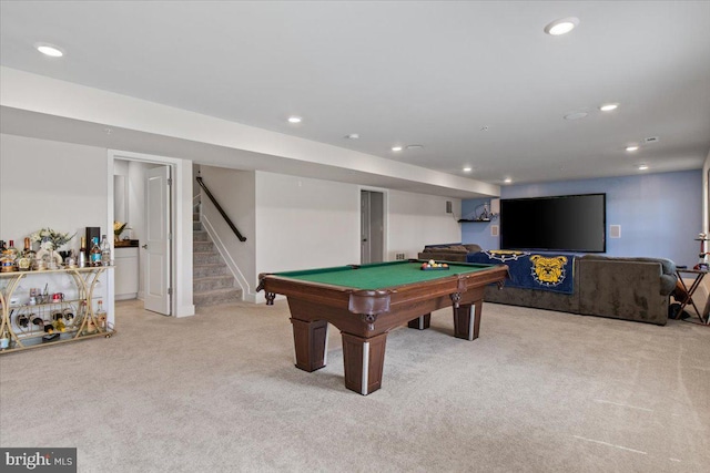 recreation room featuring light carpet, pool table, and recessed lighting