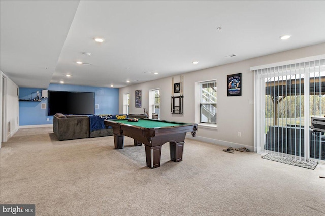 recreation room with carpet flooring, pool table, baseboards, and recessed lighting