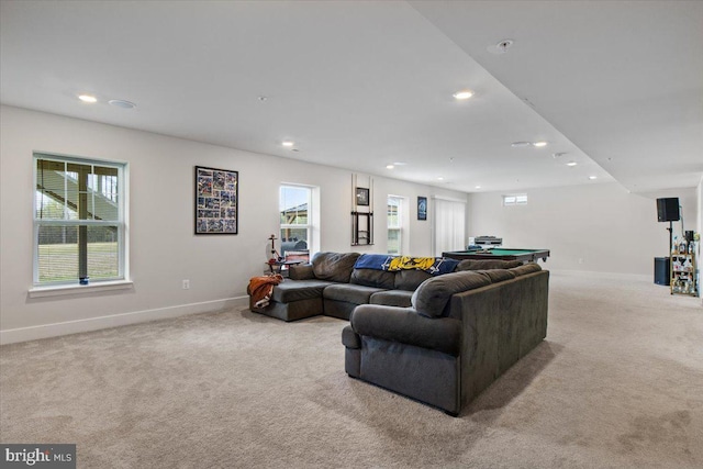 carpeted living area featuring recessed lighting, baseboards, and billiards