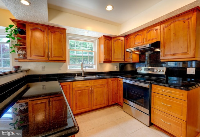 kitchen with stainless steel electric stove, brown cabinetry, under cabinet range hood, and a sink