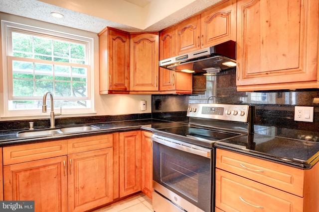kitchen featuring under cabinet range hood, plenty of natural light, stainless steel electric range, and a sink