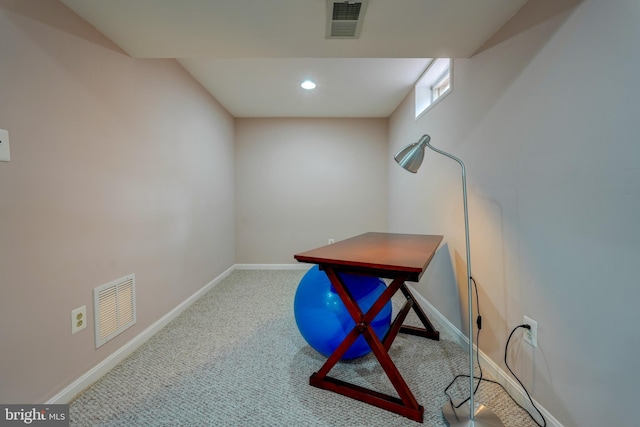 carpeted office featuring baseboards, visible vents, and recessed lighting